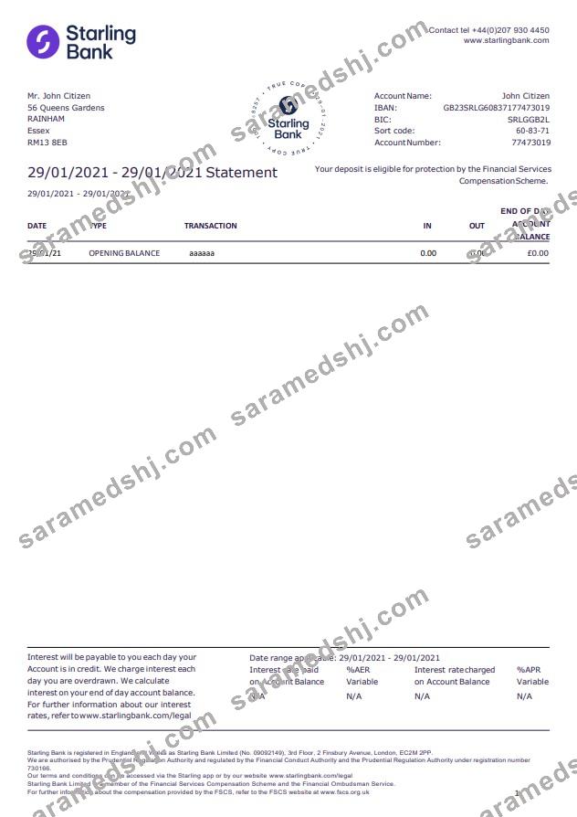 United Kingdom Starling bank statement template in Word and PDF format, good for address prove